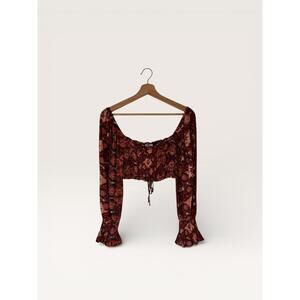 Boho Cropped Olivaceous Women's Long Sleeve Peasant Top Size S